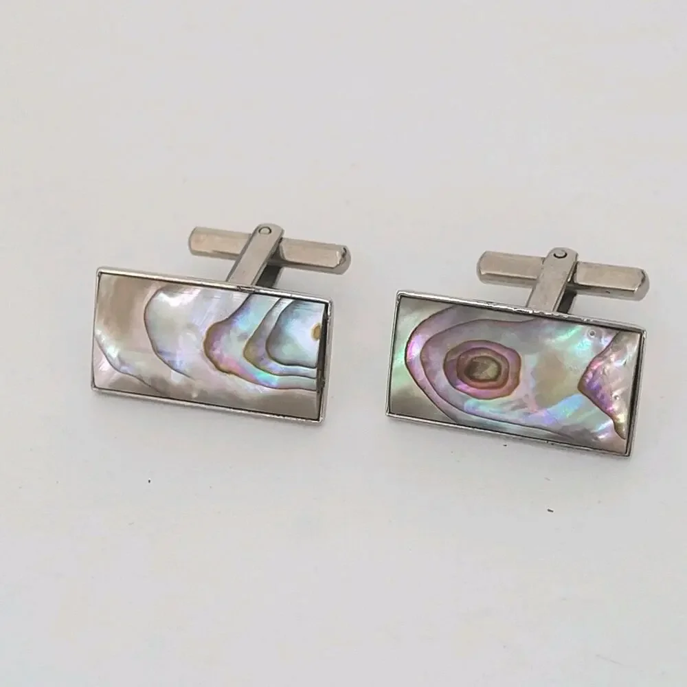 Abalone Cufflinks Silver Pearl Tone Quality Vintage Rectangle Bullet Back
